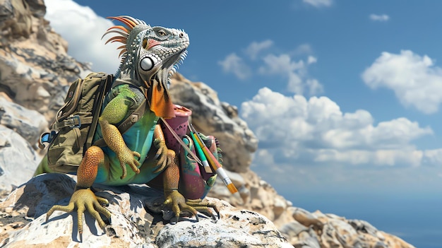 Una iguana verde con una mochila y un pincel está sentada en una roca la iguana está mirando la vista desde la cima de una montaña