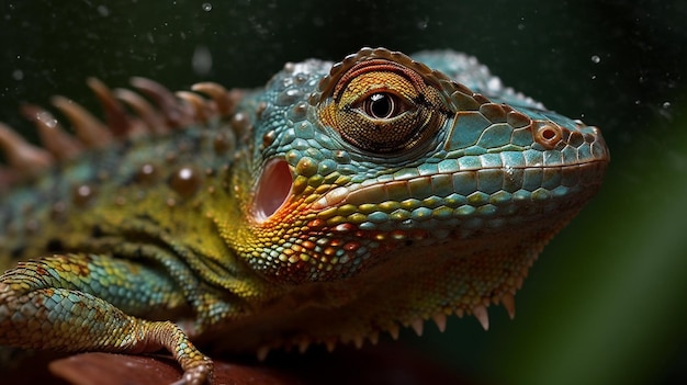 Una iguana verde con ojos rojos y cabeza verde.