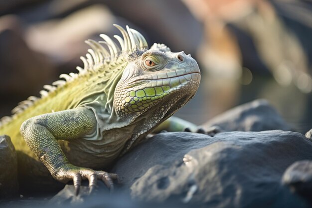 Iguana verde se aquecendo em um afloramento rochoso iluminado pelo sol