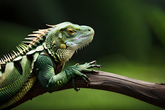 Una iguana verde se sienta en una rama.