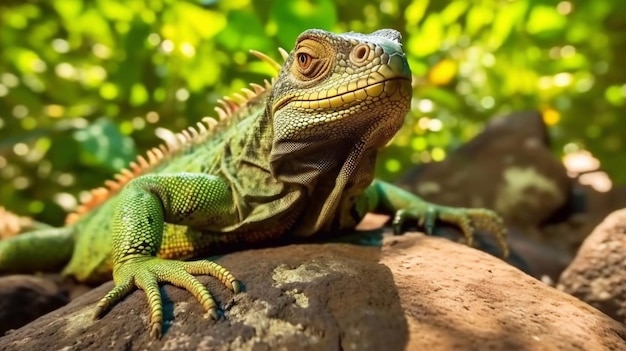 Iguana verde também conhecida como iguana comum ou americana em galho no fundo da floresta