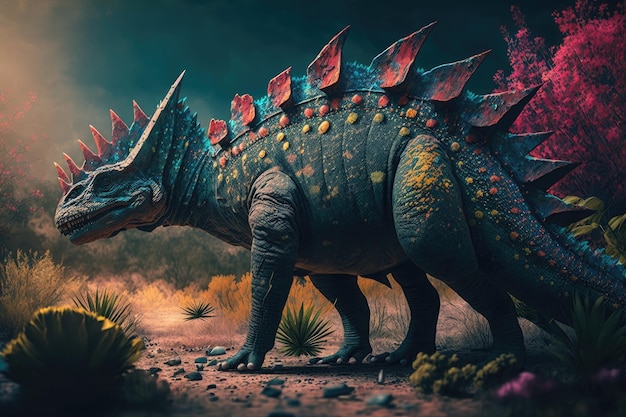 Iguanodon colorido dinosaurio peligroso en la exuberante naturaleza prehistórica por IA generativa