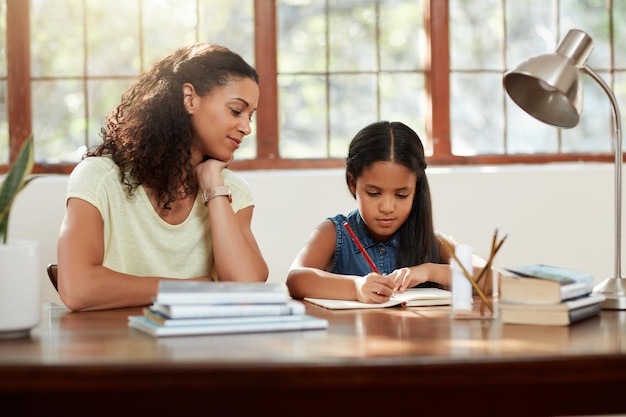 Ihr beibringen, wie wichtig Bildung ist Schnappschuss einer attraktiven jungen Mutter, die ihrer Tochter bei den Hausaufgaben hilft