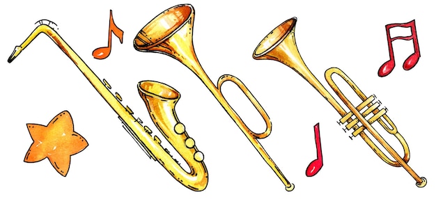 Iilustração de instrumentos musicais Esboço de aquarela com notas de saxofone trompete estrelas em fundo branco Desenho à mão