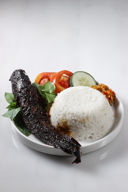 Ikan Lele Bakar dan nasi, bagre a la plancha con arroz.