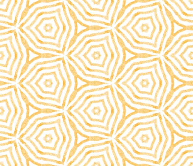 Ikat repite el diseño de trajes de baño. Fondo caleidoscopio simétrico amarillo. Patrón de sudadera ikat de verano. Impresión excepcional, tela de baño, papel tapiz, envoltura.