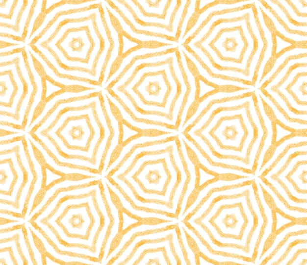 Ikat repite el diseño de trajes de baño. Fondo caleidoscopio simétrico amarillo. Patrón de sudadera ikat de verano. Impresión excepcional, tela de baño, papel tapiz, envoltura.