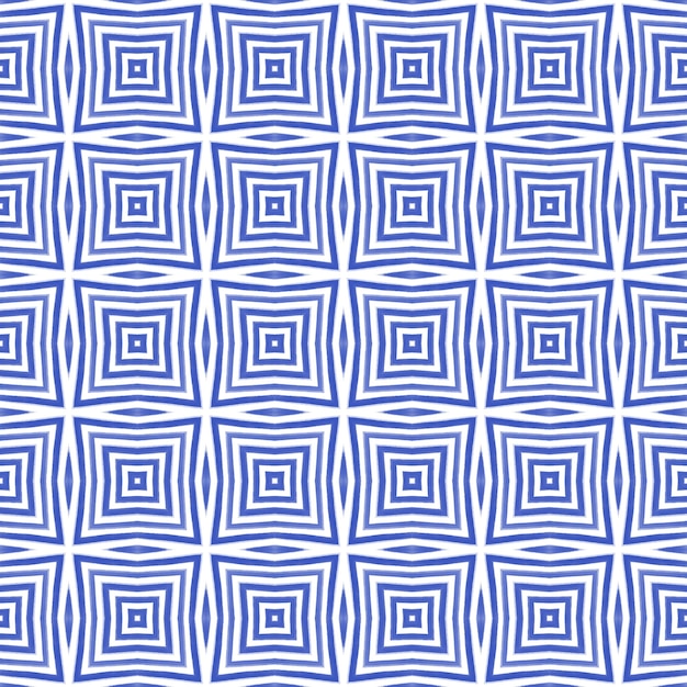 Ikat wiederholendes Bademode-Design. Indigo symmetrischer Kaleidoskophintergrund. Sommer-Ikat-Sweamwear-Muster. Textilfertiger göttlicher Druck, Bademodenstoff, Tapete, Verpackung.