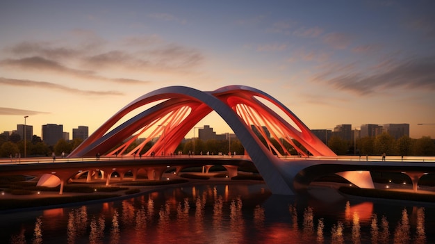 Ikonische Brücke mit unkonventionellem Design im Sonnenuntergang