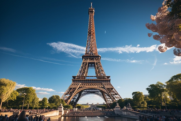 Ikonische Eleganz Niedriger Winkel des Eiffelturms in Paris unter blauem Himmel