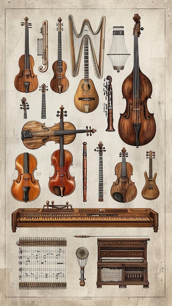 Foto ikonische musikinstrumente mit ki-illustrationen