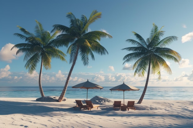 Ilha com palmeiras, guarda-chuvas, cadeiras na praia.