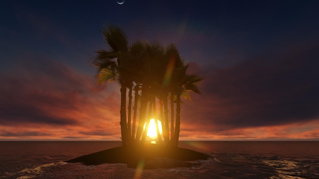 Ilha com palmeiras no oceano em um fundo de renderização em 3D sunset2