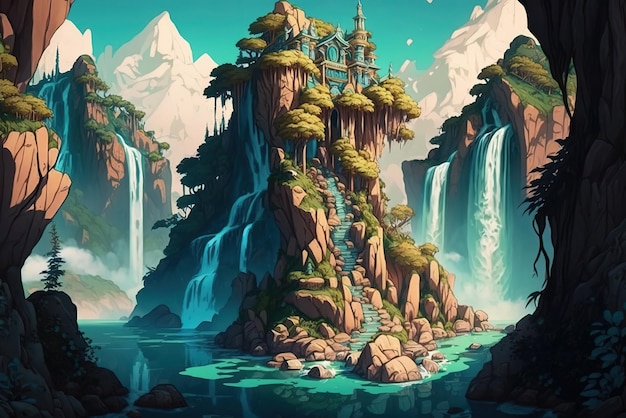 Ilha da fantasia do mundo com cachoeiras