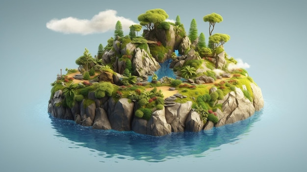 Ilha da fantasia no mar 3d render ilustração generativa ai
