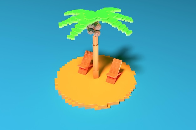 Ilha de baixo poli com palmeira e espreguiçadeira sobre fundo azul o conceito de férias de verão 3d render