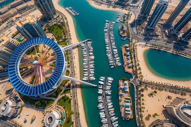 Ilha de Bluewaters e Ain Dubai roda-gigante em Dubai Emirados Árabes Unidos vista aérea Nova área de lazer e residencial na área da marina de Dubai