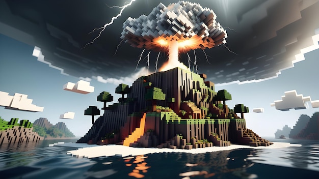 Foto ilha de estilo minecraft 3d projetada com uma tempestade eruptiva acima de ia geradora