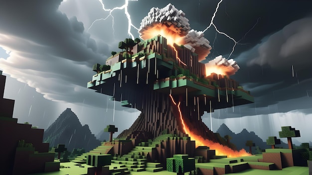 Ilha de estilo Minecraft 3d projetada com uma tempestade eruptiva acima de IA geradora