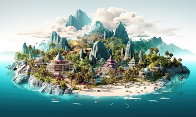 Ilha de fantasia com montanhas Ilustração 3D de ilha com bela paisagem terrestre