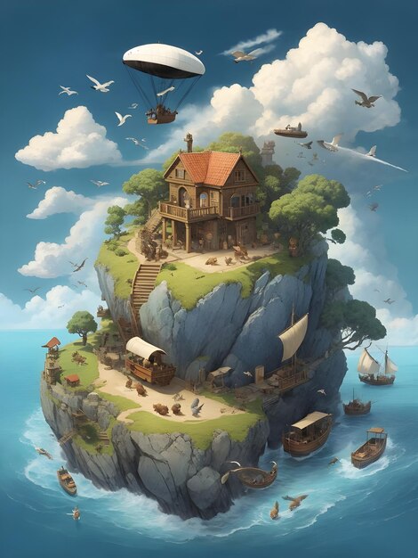 Ilha de fantasia com uma casa e barcos a vela ilustração 3D