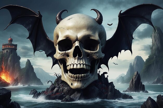 Foto ilha de horror no oceano, crânio diabólico gritando, conceito de halloween.
