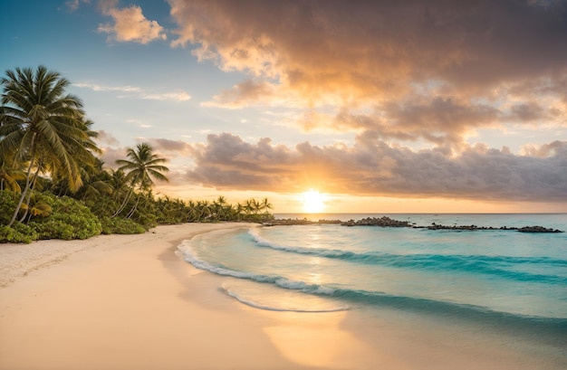 Foto ilha de palmeiras de areia do mar com belo panorama da paisagem costeira e do pôr do sol