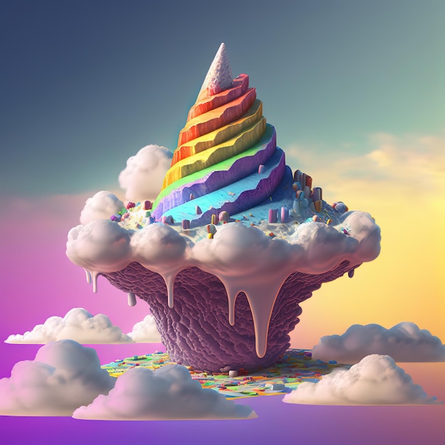 Ilha de sorvete com montanha de arco-íris e nuvens fofas AI