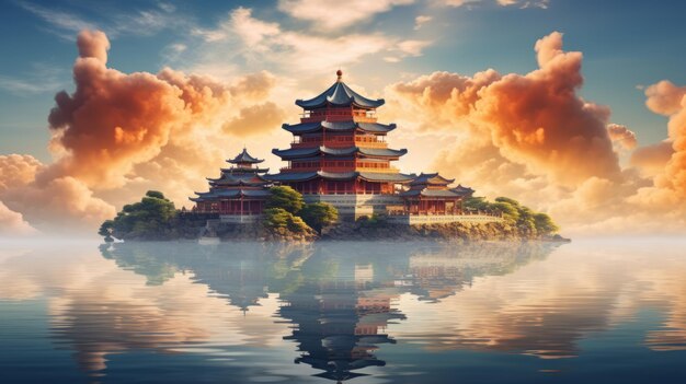Ilha flutuante cercada por nuvens fofas e um belo edifício chinês ao pôr-do-sol