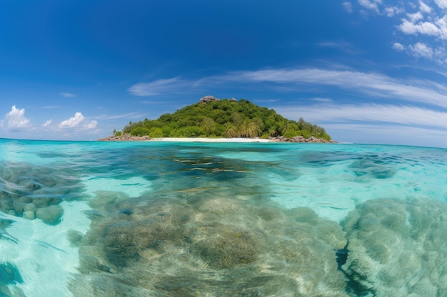 Ilha flutuante com águas cristalinas cercada por recifes tropicais