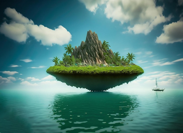 Foto ilha flutuante de fantasia com campo de grama natural na paisagem surreal de rocha com conceito de paraíso