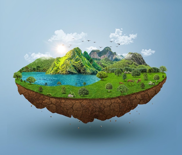 Ilha flutuante de fantasia com montanhas verdes lagos azuis árvores em superfície de grama verde terra surreal