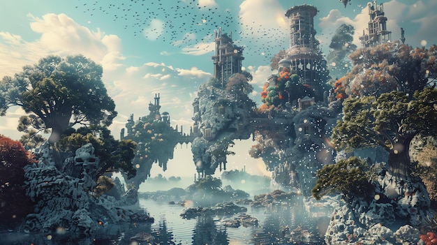 Ilha flutuante mística com ruínas cobertas de vegetação Árvores, plantas e cachoeiras decoram a paisagem Pássaros voam por aí