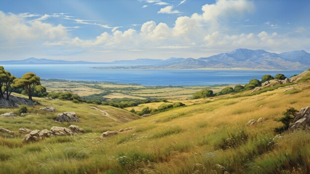 Ilha grega idílica Uma pintura a óleo realista de pastagens e mar