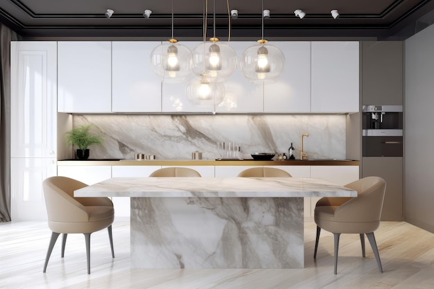 Ilha moderna de mesa de jantar de mármore branco com lâmpada pendente gerada por IA