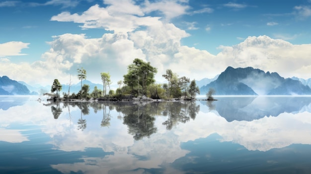 Ilha na água espelhada refletindo montanhas uma imagem fotorrealista