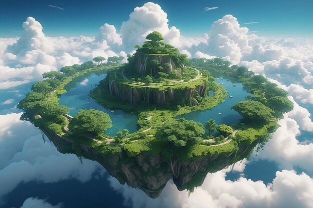 Ilha no céu com vegetação cercada por nuvens criadas usando tecnologia de IA generativa