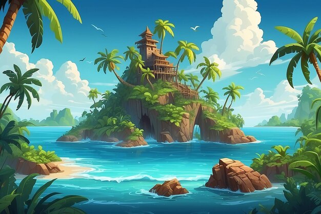 Ilha no oceano desabitada ilha pirata secreta com palmeiras de praia selva lianas e rochas no mar sob céu nublado paisagem tropical terra vazia fundo do jogo ilustração vetorial de desenho animado