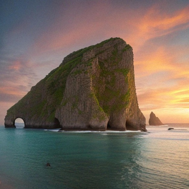 Ilha paradisíaca no meio do mar com pôr do sol