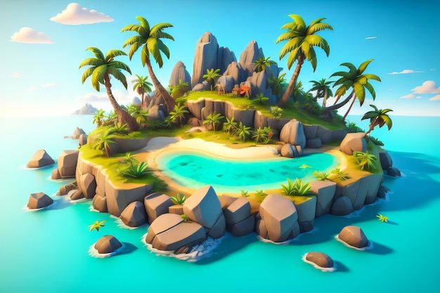 Ilha tropical 3D com palmeiras e rochas céu de verão claro fundo Generative Ai