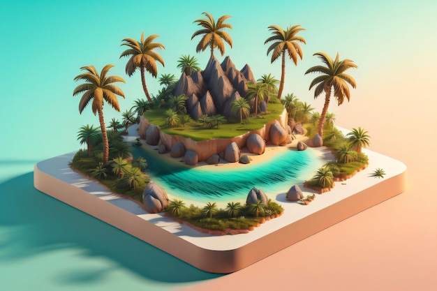 Foto ilha tropical 3d com palmeiras e rochas céu de verão claro fundo generative ai