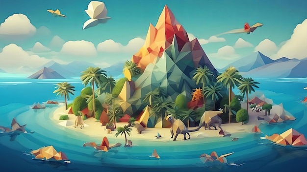 Foto ilha tropical abstrata cercada por mar e com dinossauros para designers
