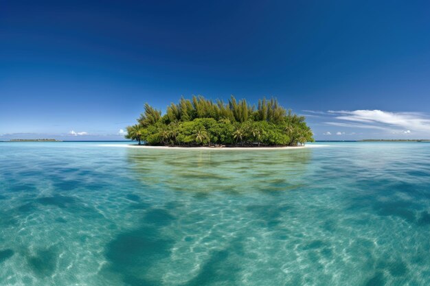 Ilha tropical cercada por águas calmas e céu azul claro criado com ai generativa