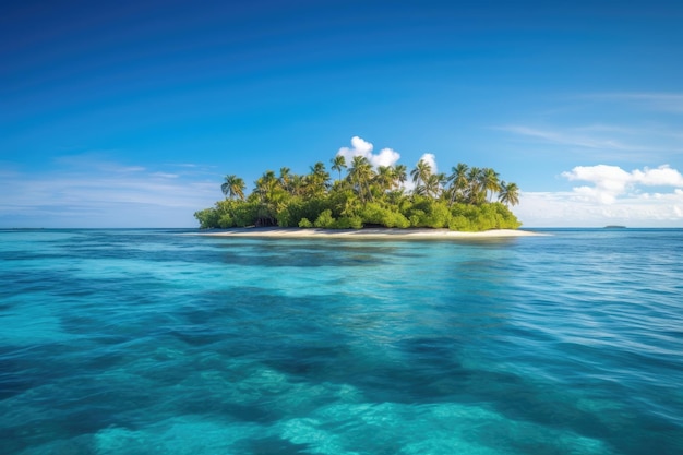Ilha tropical cercada por águas calmas e céu azul claro criado com ai generativa
