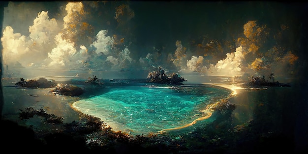 Ilha tropical com belas paisagens e reflexos do mar profundo. Ilustração Digital.