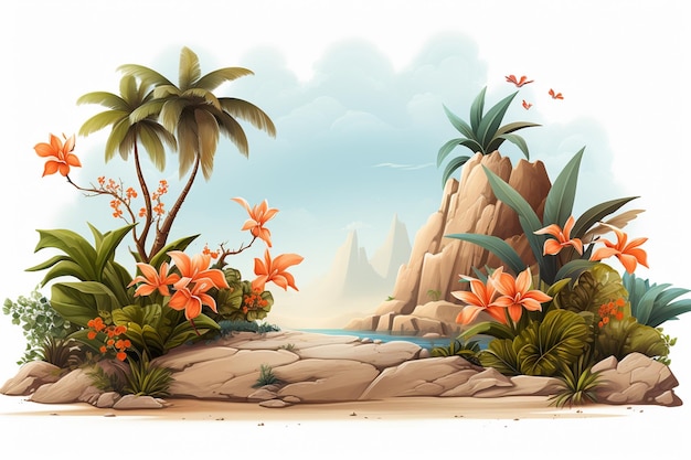 Ilha tropical com palmeiras e flores Ilustração vetorial