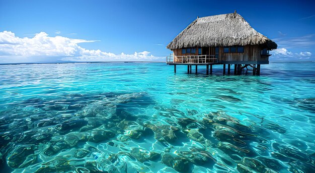 Foto ilha tropical com uma cabana de telhado de palha em palafitas no oceano