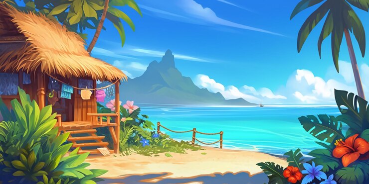 Foto ilha tropical de desenho animado com uma cabana e uma cerca generativa ai