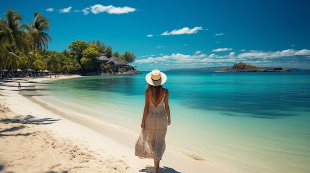 Ilha tropical de praia e aventura de verão nas costas de uma mulher Oceano e uma turista relaxando em um biquíni na areia