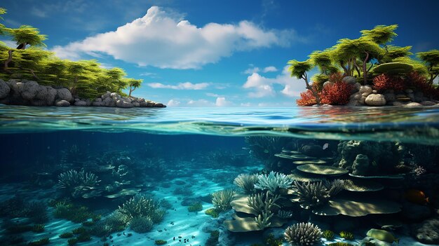 Ilha tropical e recife de coral dividido com a linha de água